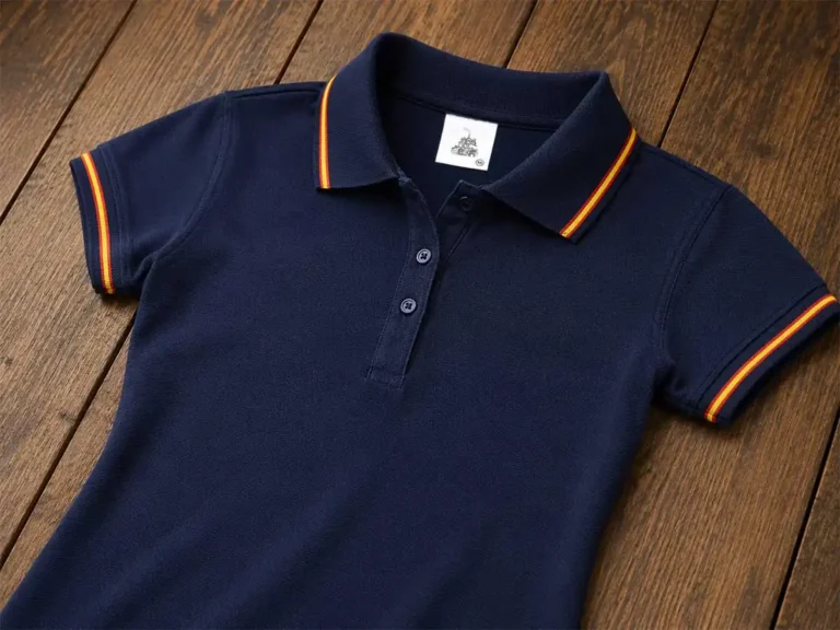 Polo de mujer con bandera de España integrada en cuello y mangas color marino