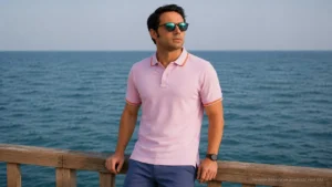 Polo rosa con bandera de España para hombre junto al mar, ejemplo de estilo casual elegante.