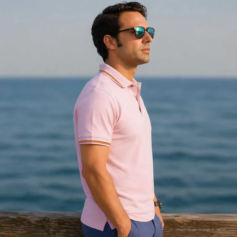 Hombre con polo rosa con bandera de España junto al mar